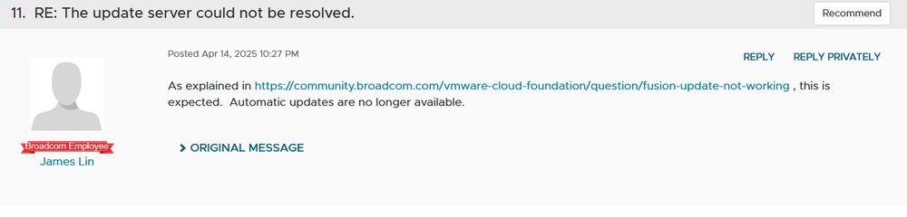 Broadcom employee post on the forum asking why the "update server could not be resolved" and a Broadcom employee saying its Broadcom's new policy of no auto updates.