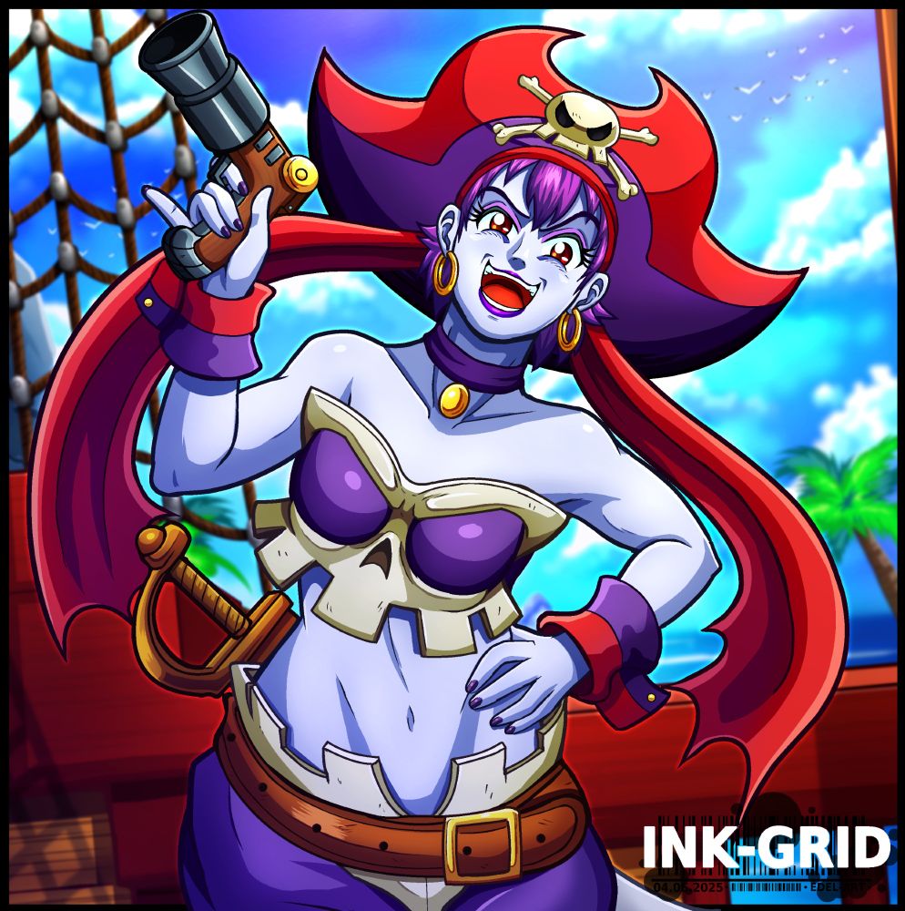 Artwork of Risty Boots from the Shantae series. She has light purple skin, purple hair, usually pulled up into her hat and wears purple lipstick. She wears a red and purple pirate hat with a pale beige skull 
and crossbones on the front and red ribbon trails down the back as well as golden hoop earrings. She wears the top half of a skull as a bra with a purple bra top underneath that also fills out the eye holes of the skull. 
She has purple and red striped cuffs around her wrists with gold circular cufflinks and wears purple harem pants with the bottom jaw of a skull as a belt.  She wears a thick brown belt angled around her waist with a gold buckle. She has a pistol in her right hand.