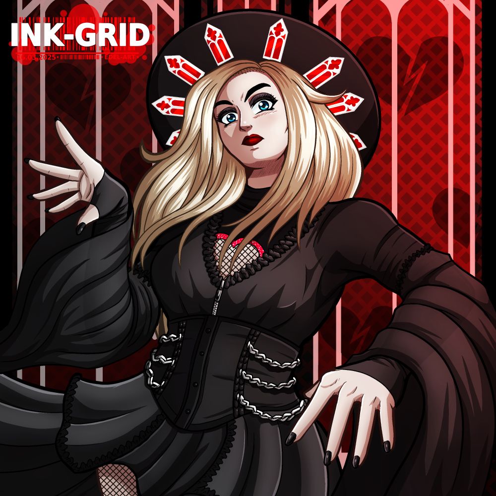 Artwork of AEW's (All Elite Wrestling's) professional wrestler Julia Hart. She wears a goth dress and wears a black hat with a red window-like 
pattern.