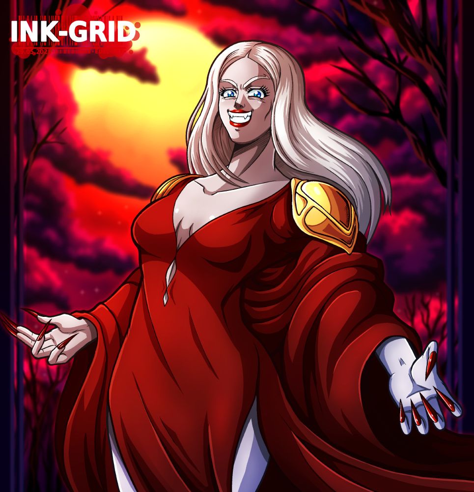 Artwork of Carmilla from Castlevania. She is an elegant and majestic pale vampire woman with crimson red lips, icy blue eyes, and long straight white hair. 
Although her face is mostly round, she has a notoriously pointy chin. She is also seen wearing a crimson red ombre dress,golden shoulder plates. In the background you can see the moon shining in the red sky.
