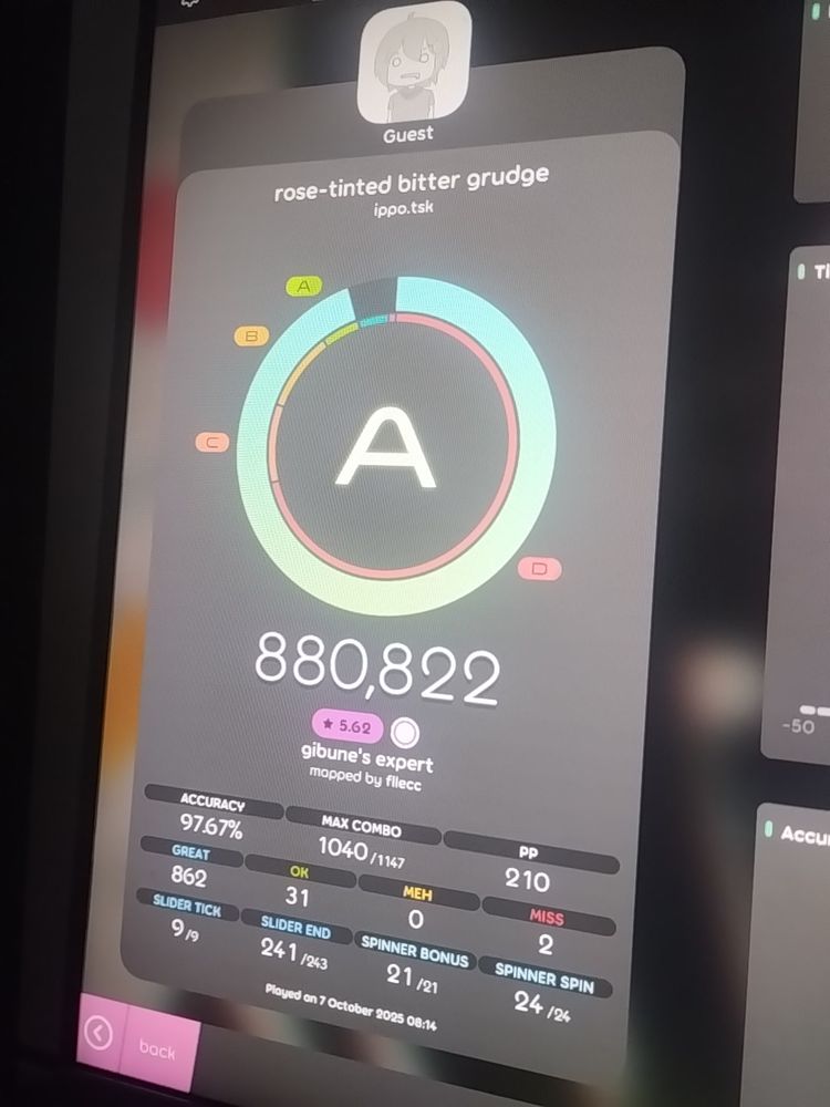 osu! scorepost of rose-tinted bitter grudge showing 210 performance points (pp).