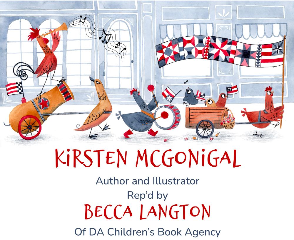 Whimsical children’s book illustration showing a parade of chickens marching down a city street. The chicken in front carries a long flag made of red white and blue while squares, arranged in various configurations of Stars and Stripes. She is pulling a wagon with three chicks in it. Behind the chicks marches a hen wearing boots and carrying a drum, which she is beating as she marches. Behind her comes a duck, looking grouchy and pulling a cannon, on top of which stands a rooster, who looks very pompous as he blows into a golden horn. 