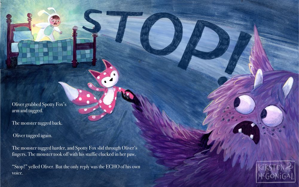 Children’s book illustration showing a young boy wearing pajamas with bunny ears, standing on his bed. He is shouting “stop!” after a furry, purple monster, who is running away with his stuffed fox toy. 