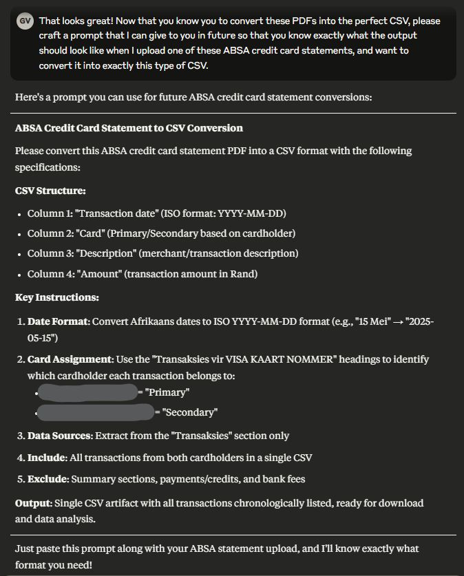 An LLM-generated prompt to give to LLMs. It describes the desired CSV structure, gives key instructions based on prior troubleshooting, and a clear description of the output artefact.