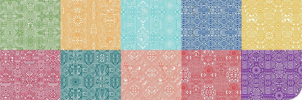 Ten academic faculties' pattern designs that represent their various disciplines in repeated patterns reminiscent of Southern African shweshwe.
