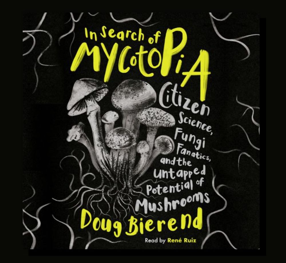 the book cover for In Search of Mycotopia: Citizen Science, Fungi Fanatics, and the Untapped Potential of Mushrooms by Doug Bierend. the bg is black with a grayscale bunch of mushrooms in the center and strands of mycelium branching out and in from the corners