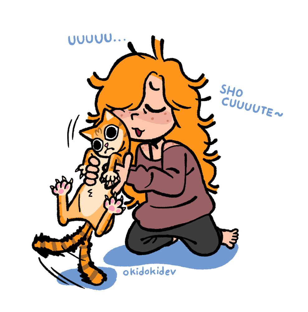 Maeve rubbing her cheek up against the head of her cat, Mister, saying "Uuuuu... sho cuuuute~" Mister is in an alert stance, angrily flicking her tail back and forth with her claws extended out.