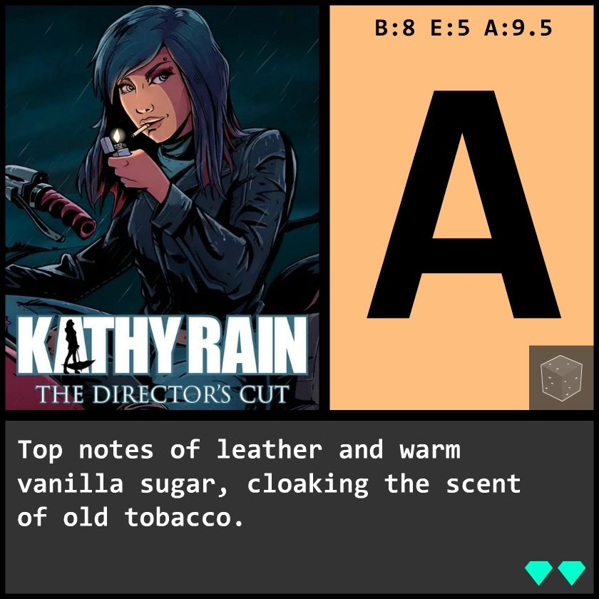 my extremely overdetermined adventure game rating system: 

Kathy Rain is in A tier, with a base value of 8, an expected value of 5, and an absolute value of 9.5. I've given it a sugar badge and its gem score is 2. its tasting notes are: "Top notes of leather and warm vanilla sugar, cloaking the scent of old tobacco."