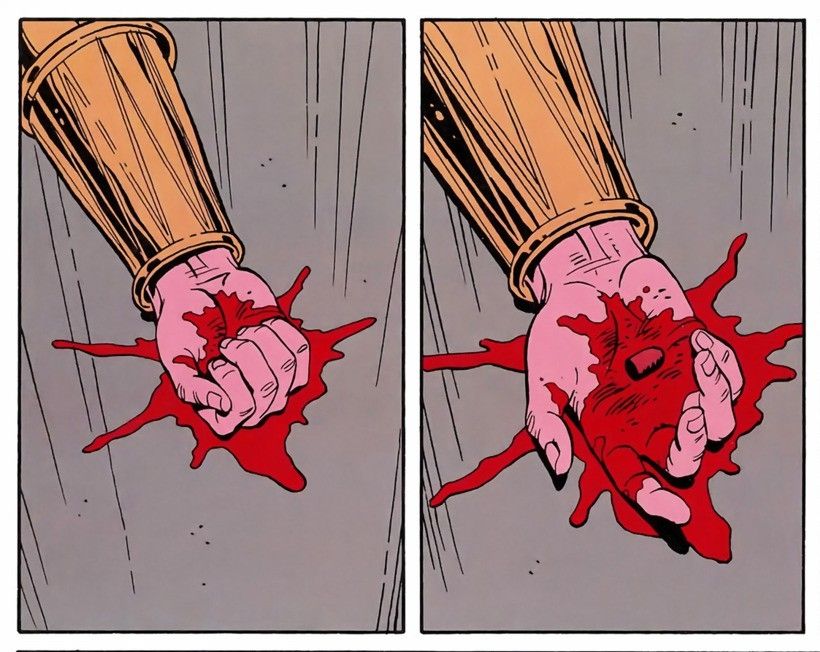 two panels from Watchmen showing Veidt's bloody hand opening to reveal he's caught the bullet that was shot at him