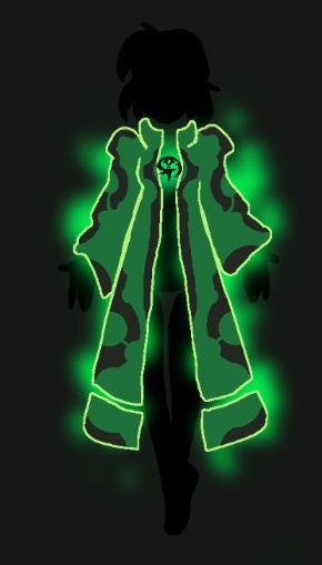 A woman wearing a glowing green mage coat