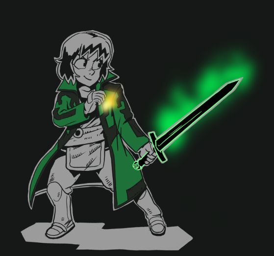 A woman in a long green coat, holding a glowing green magic sword in one hand and a fireball in the other.