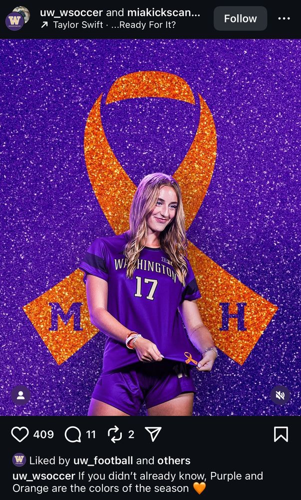 UW Husky women’s soccer player announcement blatantly using the TS12 orange sparkly aesthetic 