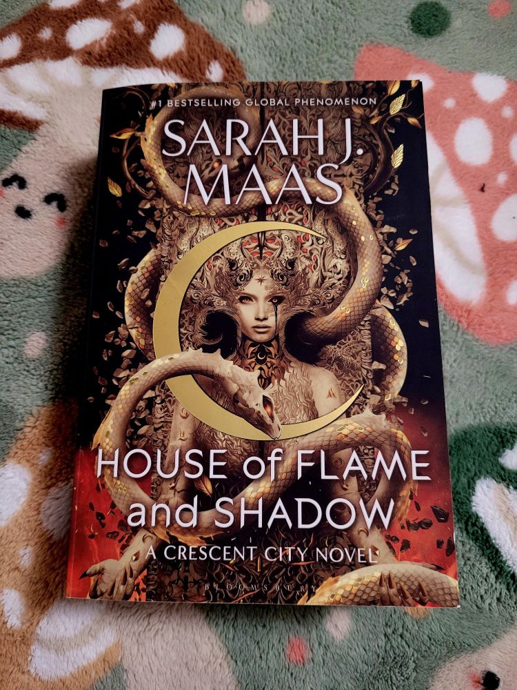 Pictured is the novel 'House of Flame and Shadow: A Cresent City novel' by Sarah J Maas. 