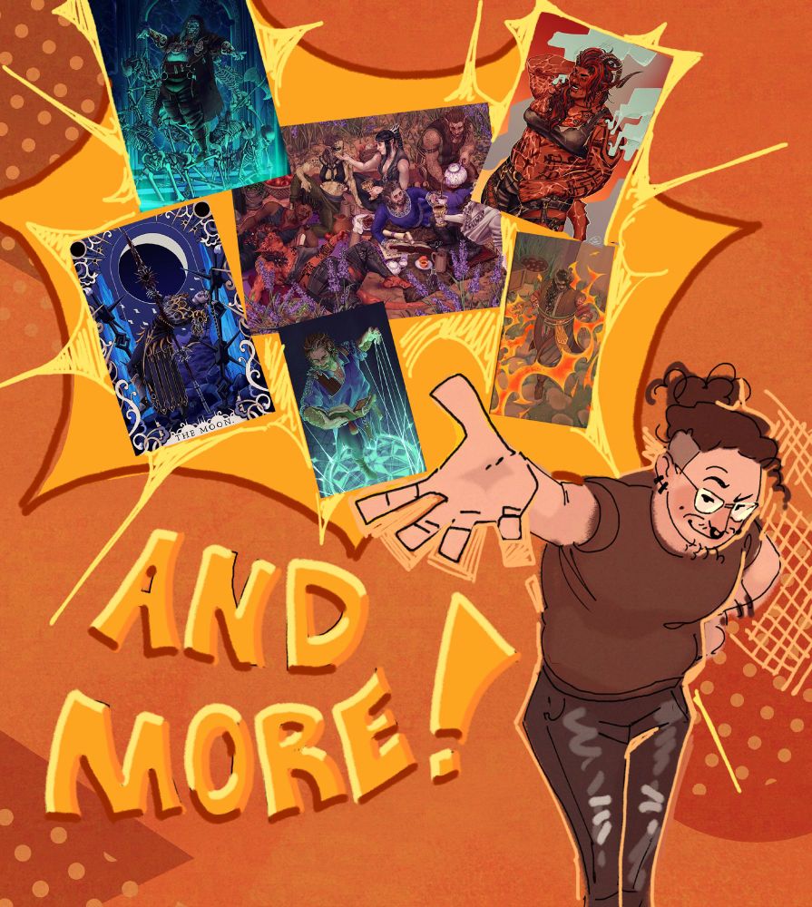 a colorful doodle of a person holding their hand out, presenting several art pieces. underneath the art, text reads "and more!"