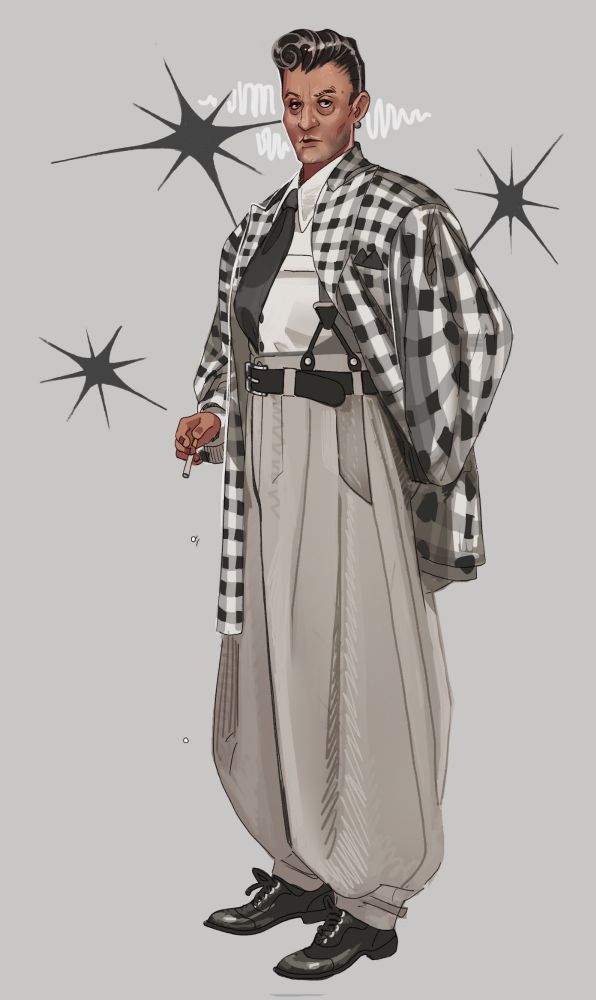 Benny from new Vegas drawn digitally with some small changes. He has a more exaggerated pompadour, facial features resembling his concept art where he looks like a sad Italian man, and his checker suit is in a oversized zoot suit style cut. 