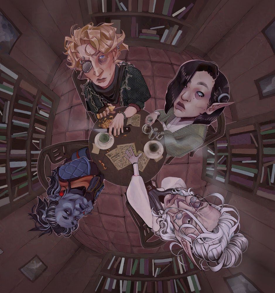 digital illustration of four fantasy characters using a muted neutral palette. they are sitting at a round table and looking up at the viewer in a fisheye perspective.