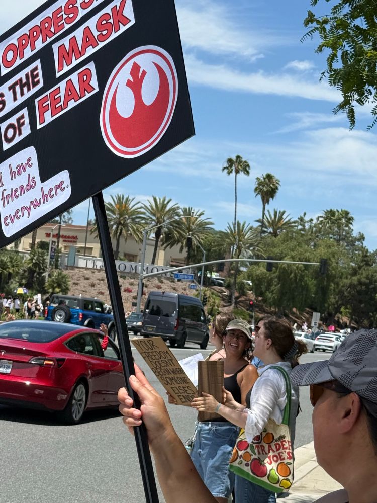 A picture of people lined up on a sidewalk, holding signs of protest. One sign with a black background, and red and black lettering reads “Oppression is the mask of fear”, “I have friends everywhere”. A symbol for the Star Wars Rebels is on the poster. Cars are driving down a busy road.