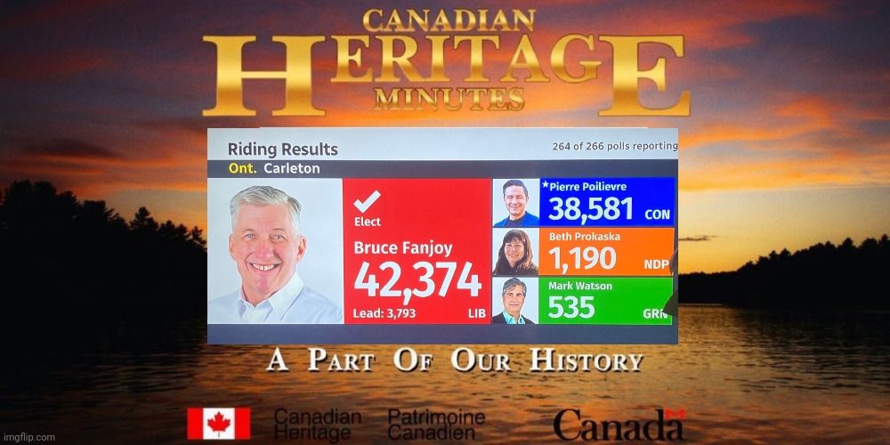 Canadian heritage minutes of Bruce Fanjoy declared elected in Ottawa Carlton, defeating Pierre Poilievre 