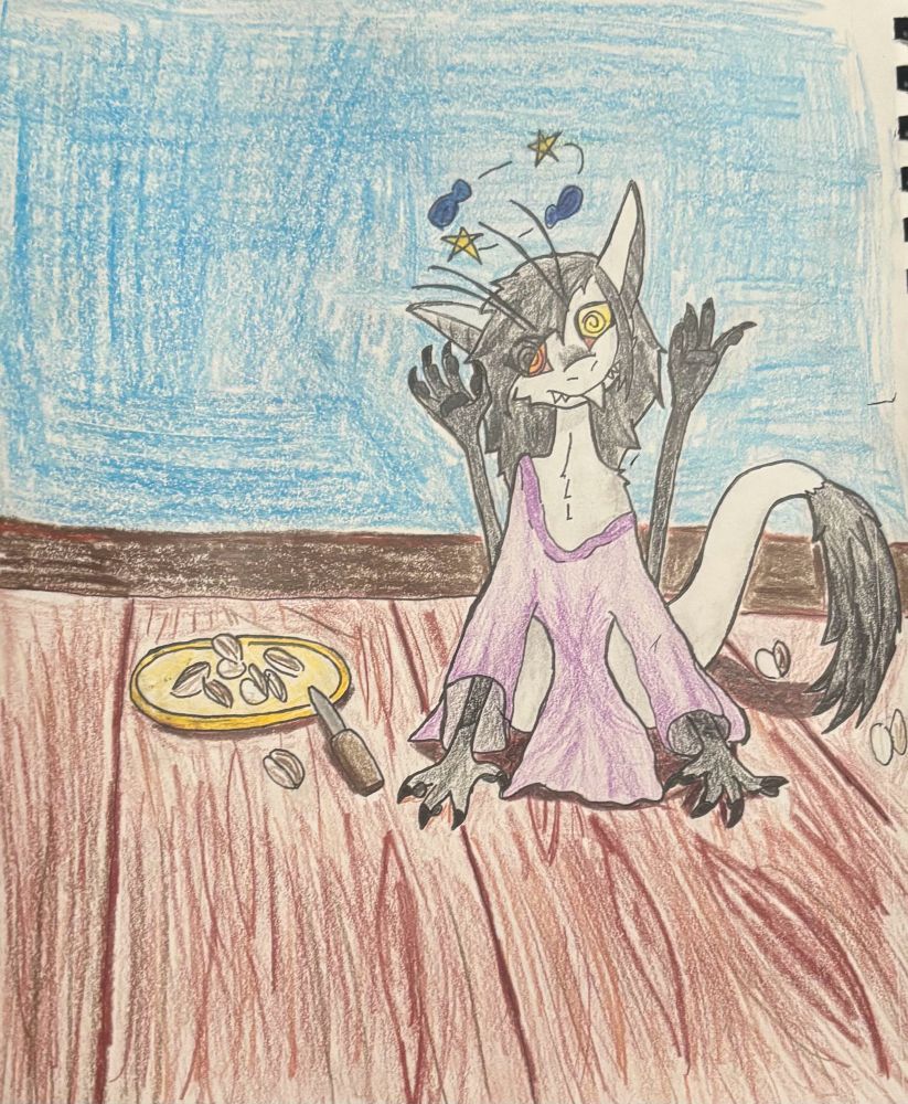 a small female black and white yinglet lays dazed on the floor after being transformed, wreathed in now much too large clothes. A finished plate of clams sits next to it along with a shucking knife. I don’t think she’ll be needing that knife anymore…