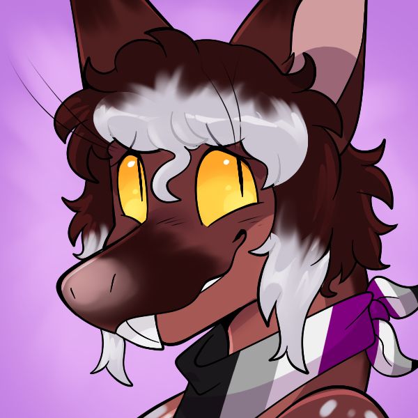 Headshot of a yinglet smiling shyly, wearing an ace flag bandana