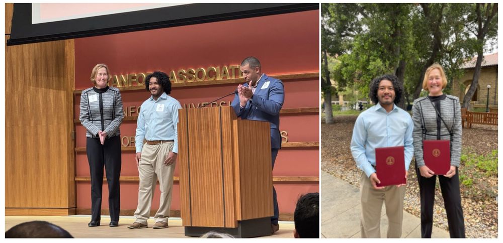 Dawn Neisser and Julien Wright-Ueda are presented the Award of Merit at the Stanford Associates Awards Ceremony.
