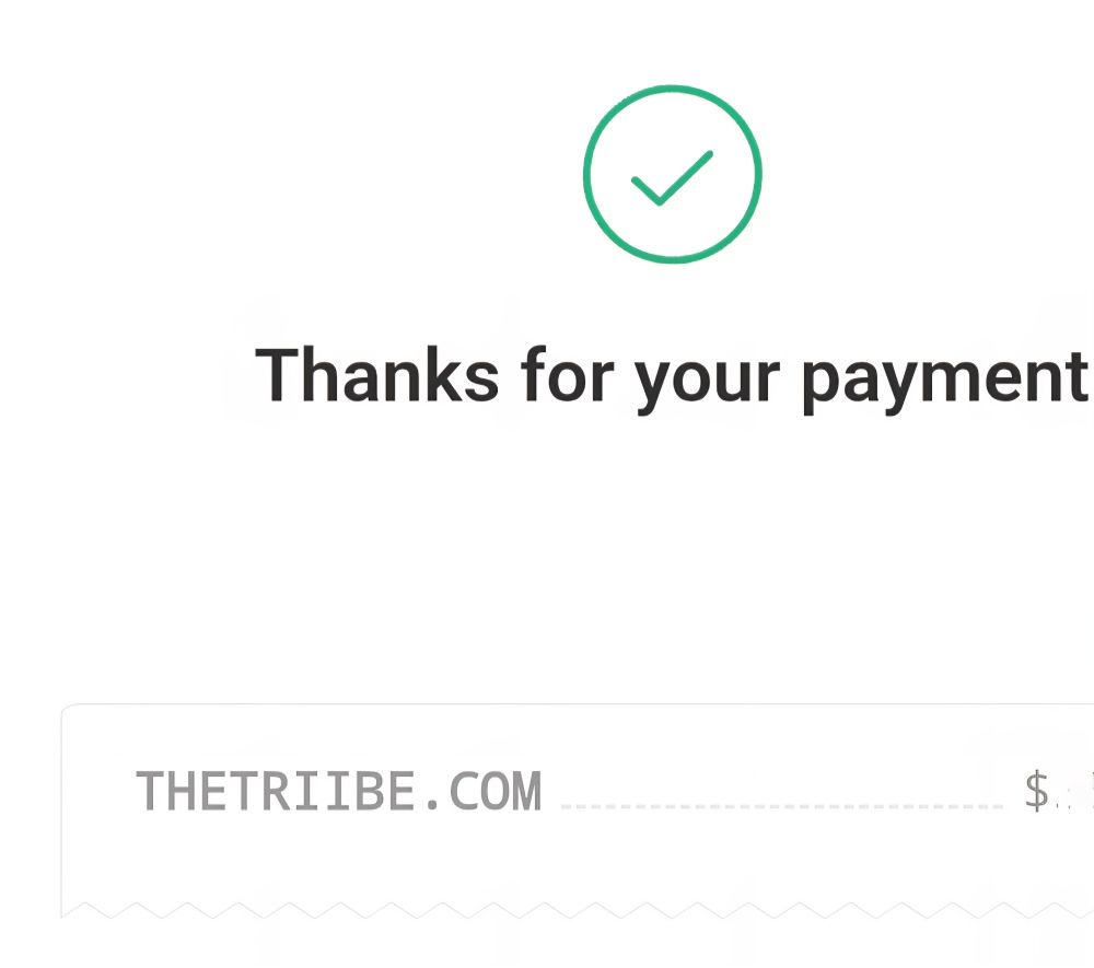 Receipt from The Triibe that reads "Thanks for your payment THETRIIBE.COM"