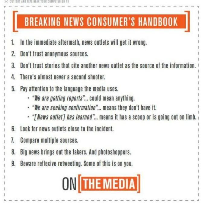 1. IN THE IMMEDIATE AFTERMATH, NEWS OUTLETS WILL GET IT WRONG.
2. DON'T TRUST ANONYMOUS SOURCES. 
3. DON'T TRUST STORIES THAT CITE ANOTHER NEWS OUTLET AS THE SOURCE OF THE INFORMATION.
4. THERE'S ALMOST NEVER A SECOND SHOOTER.
5. PAY ATTENTION TO THE LANGUAGE THE MEDIA USES.
"We are receiving reports" - sources are claiming something has happened, but it has not been confirmed.
"We are seeking confirmation" - the news outlet is confident, but still can't confirm.
"We can confirm" - information has come from multiple sources, and the news outlet feels confident that it can claim something as an actual fact.
"We have learned" - how a news outlet declares it has a scoop. 
6. LOOK FOR NEWS OUTLETS CLOSE TO THE INCIDENT.
7. COMPARE MULTIPLE SOURCES.
8. BIG NEWS BRINGS OUT THE FAKERS. AND PHOTOSHOPPERS.
9. BEWARE REFLEXIVE RETWEETING. SOME OF THIS IS ON YOU.