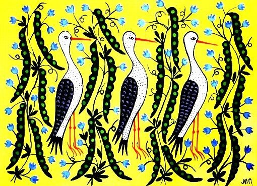 Three Storks, standing high in a field of peas, and little blue flowers, on a bright yellow background