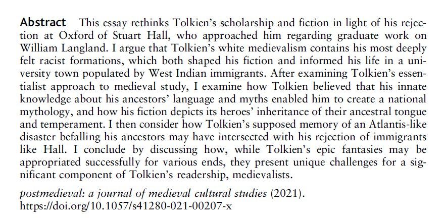 Lavezzo "rethinks Tolkien’s scholarship and fiction in light of his rejection at Oxford of Stuart Hall, who approached him regarding graduate work on William Langland" + argues "that Tolkien’s white medievalism contains his most deeply felt racist formations"