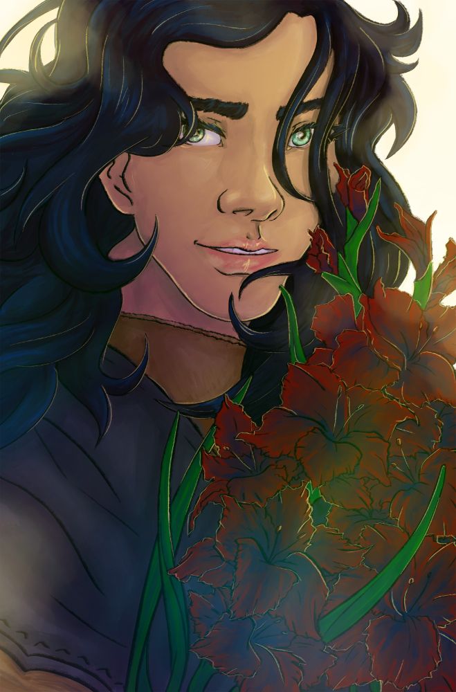 A portrait of my OC, Lore, with deep red gladiolas flowers. Lore is pale skinned with wavy black hair and pale green eyes. Her clothing is dark and simple.