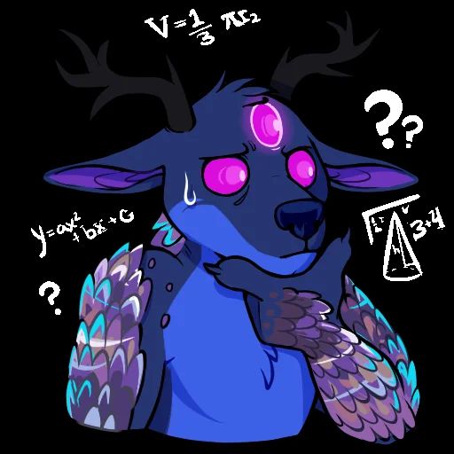 Blue deer with crystal scales on their arms and back, black antlers, and a pink third magic eye: Confused