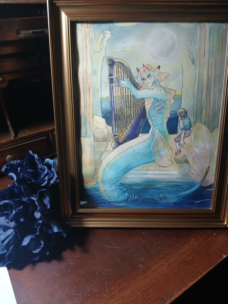 Painting in a gold frame of my oc merfolk Romeo playing a giant harp.