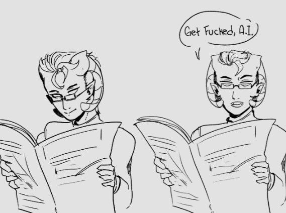 damakos reading a newspaper, looking up and saying "Get fucked, AI"