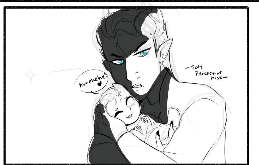 Dad holding son, softly hissing at you protectively. Son is laughing.