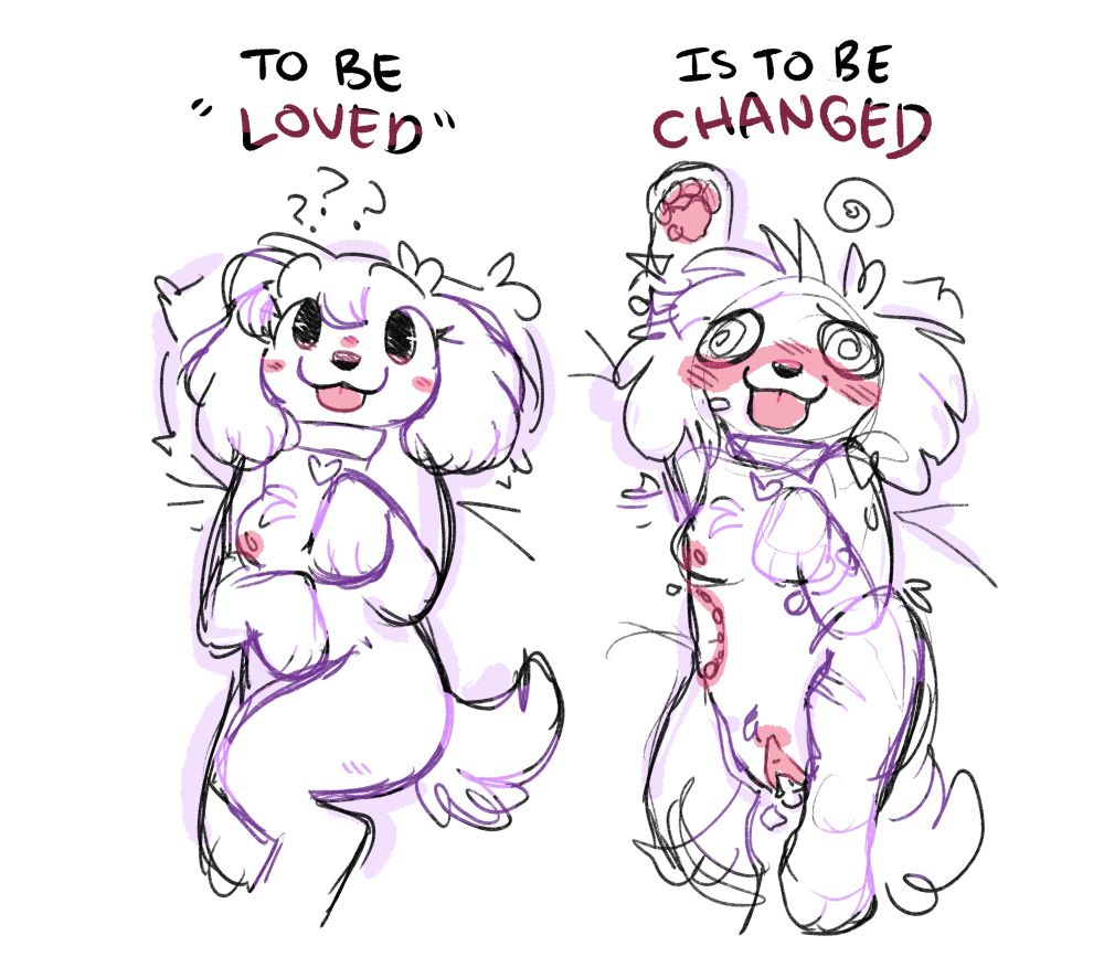 A he/they dog boy looking cute and innocent and then a he/they dog boy looking sexually trashed, with his legs spread and his pussy full of cum. There is a large bite mark on his side. He is blushing heavily and his eyes are spirals of pleasure and overwhelm. Text above the two versions of him reads: “To be loved is to be changed.”