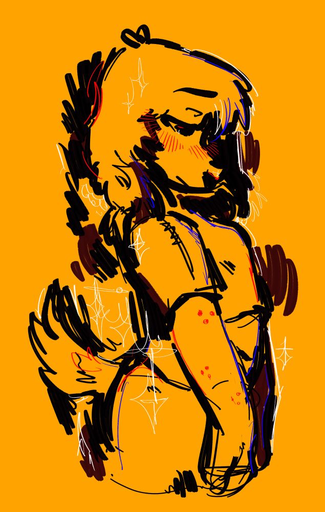 A dog boy against a gold background with chunky black and dark red lines, red highlights, blue highlights, and white sparkles sketched around him. They look down in profile, slightly melancholy.