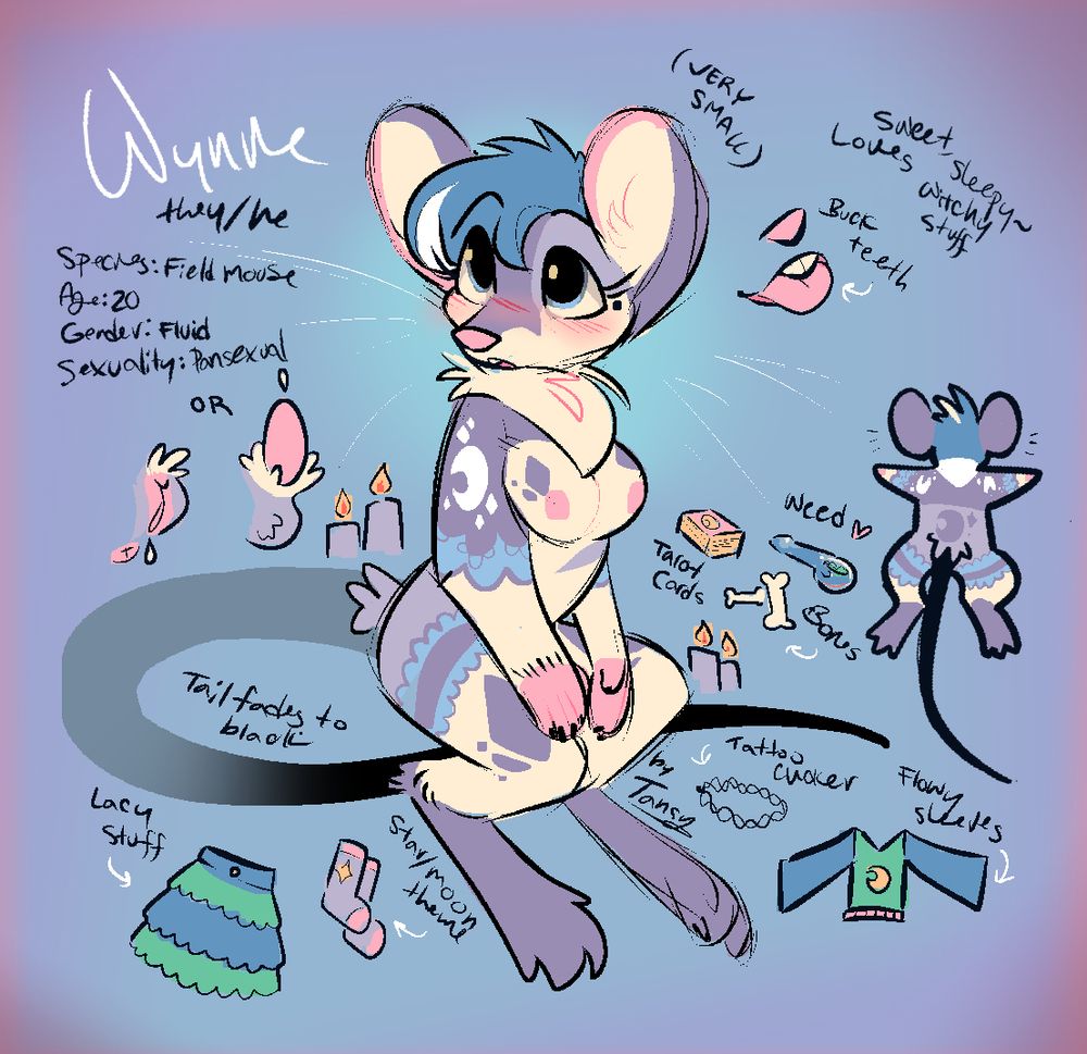 A character ref for a they/he field mouse named Wynne who has a pastel purple/blue/pink/cream design. 