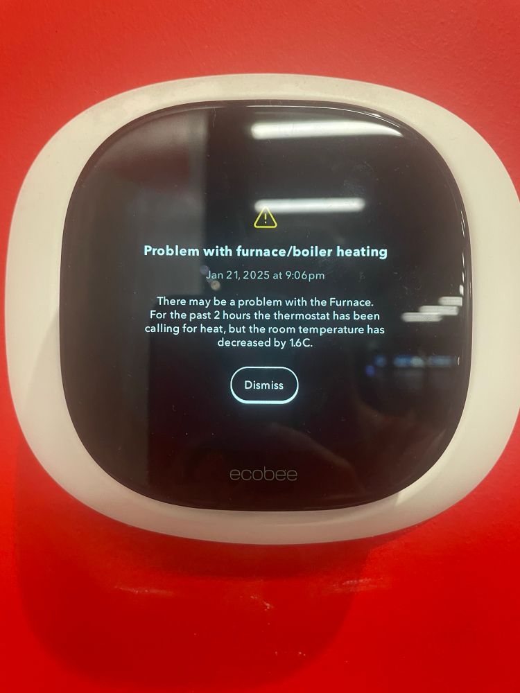 Thermostat with this message: “There may be a problem with the furnace. For the past 2 hours the thermostat has been calling for heat, but the room temperature has decreased by 1.6 C.