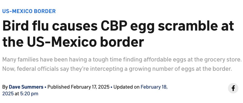 Headline: "Bird flu causes CBP egg scramble at the US-Mexico border." Lede: "Many families have been having a tough time finding affordable eggs at the grocery store. Now, federal officials say they're intercepting a growing number of eggs at the border."