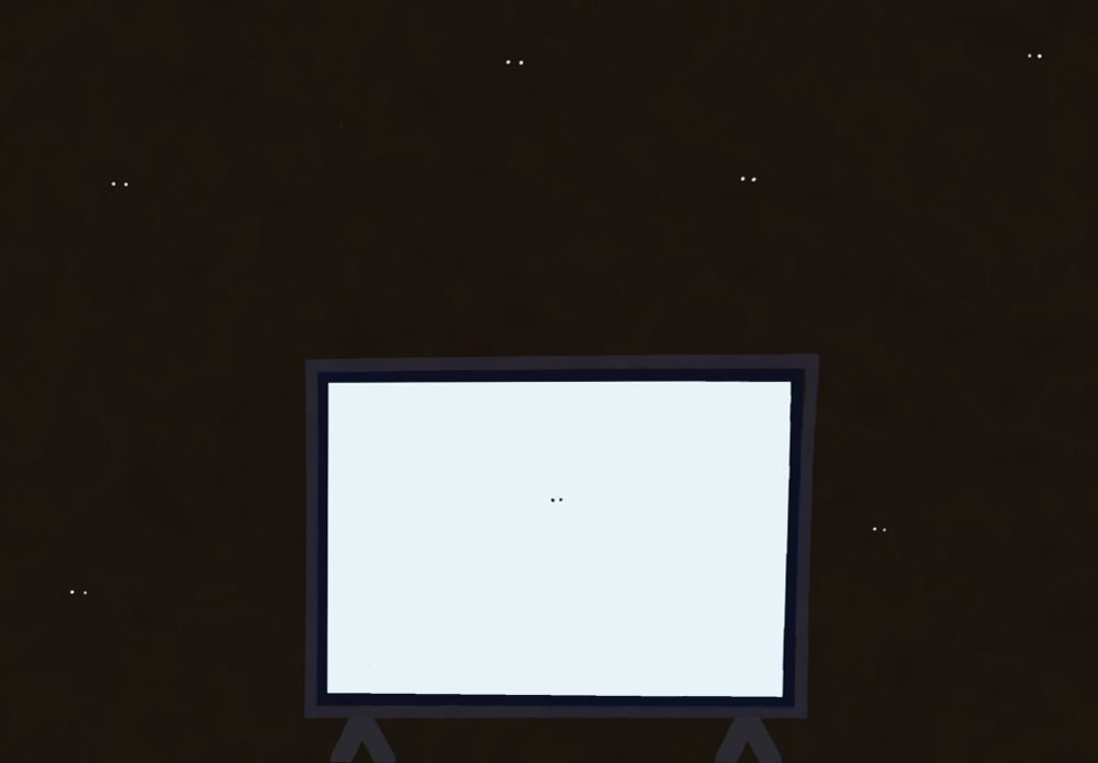 An illustration of a dark room with a painfully bright tv screen in the middle. The screen shows pure white save for a tiny set of black dots that look like eyes. In the darkness around the screen are several sets of white eyes. 