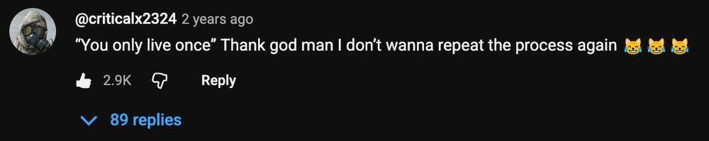 Youtube comment screenshot:  “You only live once” Thank god man I don’t wanna repeat the process again 😹😹😹. 2.9k thumbs up