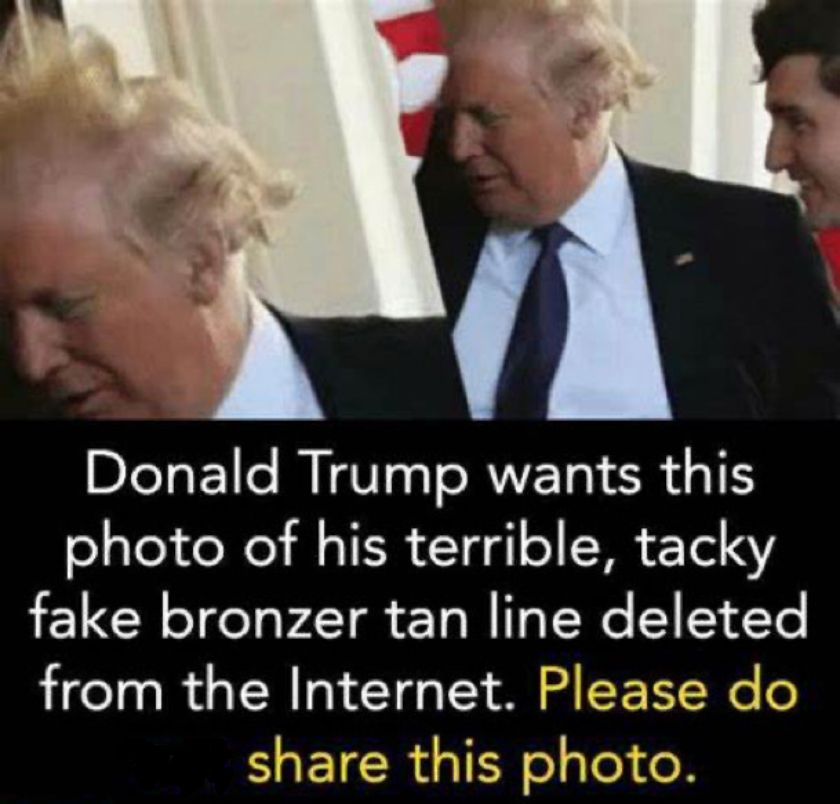 Donald Trump wants this photo of his terrible, tacky fake bronzer tan line deleted from the Internet. Please do share this photo.