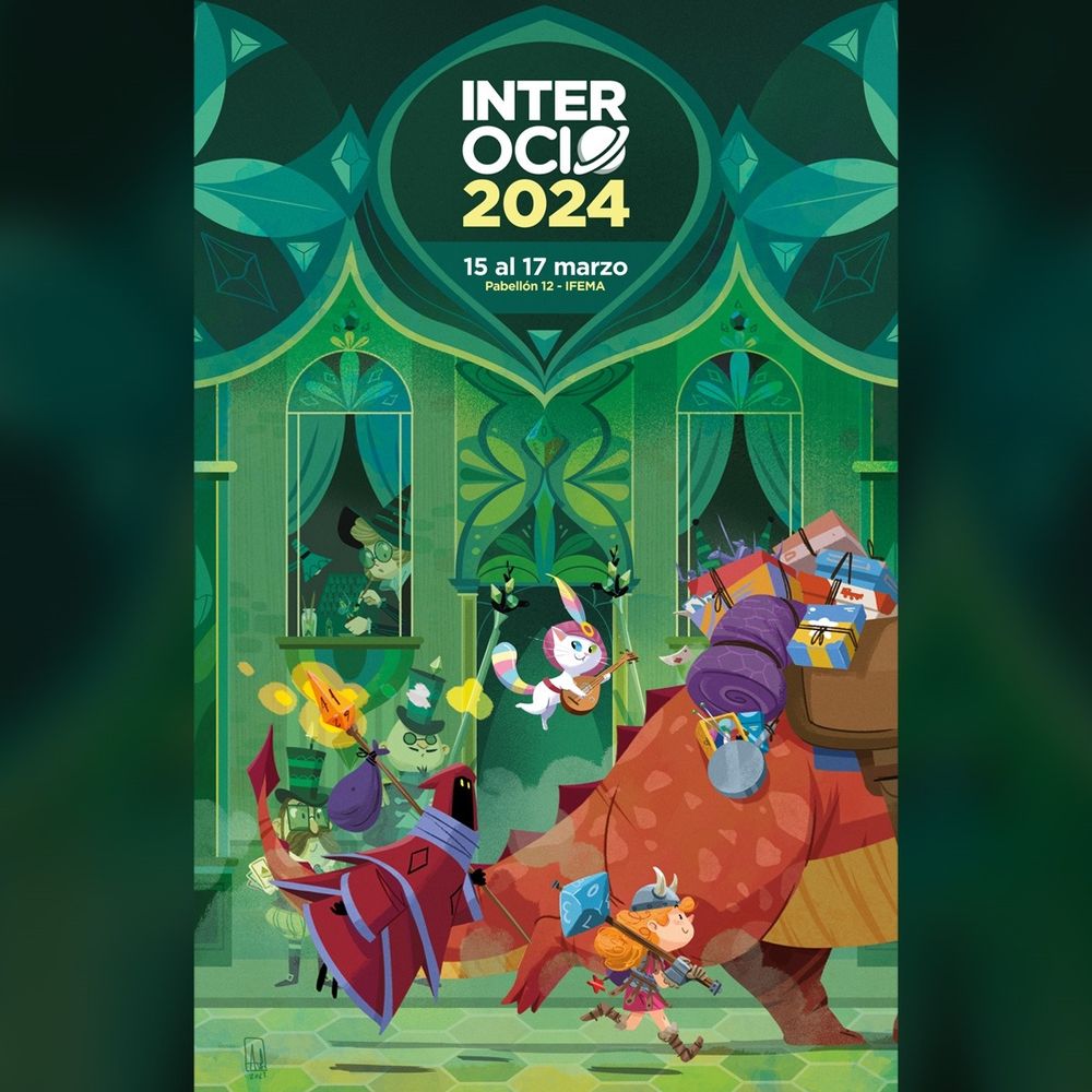 El cartel de la feria InterOcio 2024 con nuestros personajes adentrándose en una ciudad llena de juegos.
