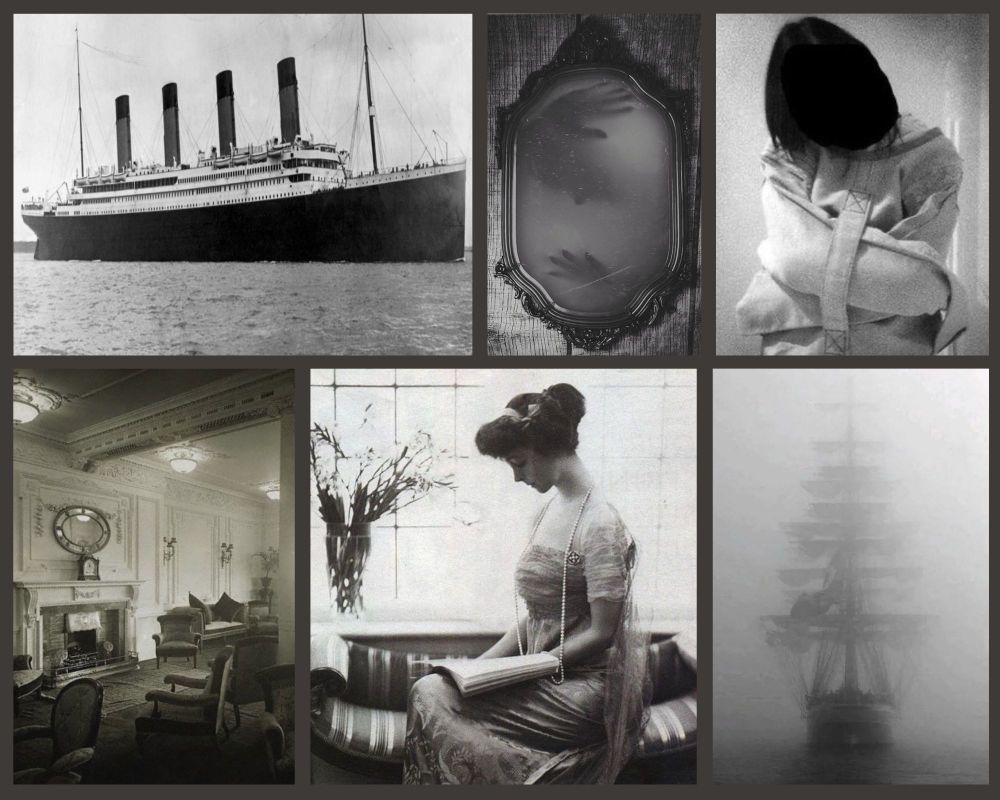 A photo collage of early 1900s images (all black and white) - a luxury liner, a mirror with a hand and face trapped inside, a woman in a straitjacket, a sitting room on a luxury liner, a woman reading a book, a ghostly ship