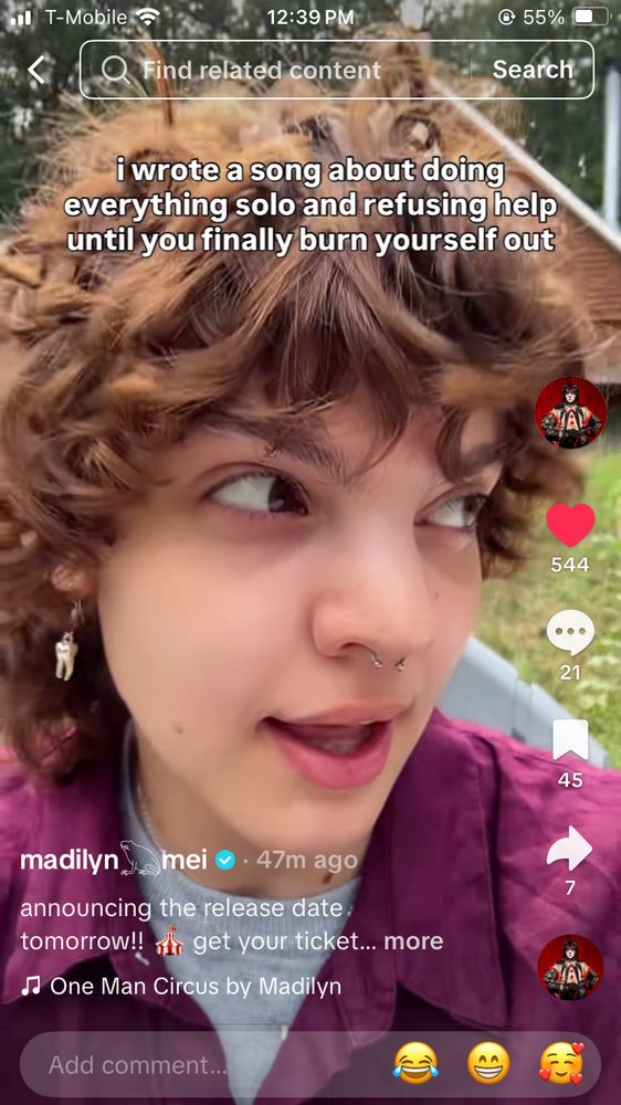 A picture of Madilyn Mei’s TikTok where they say “I wrote a song about doing everything solo and refusing help until you finally burn yourself out” 