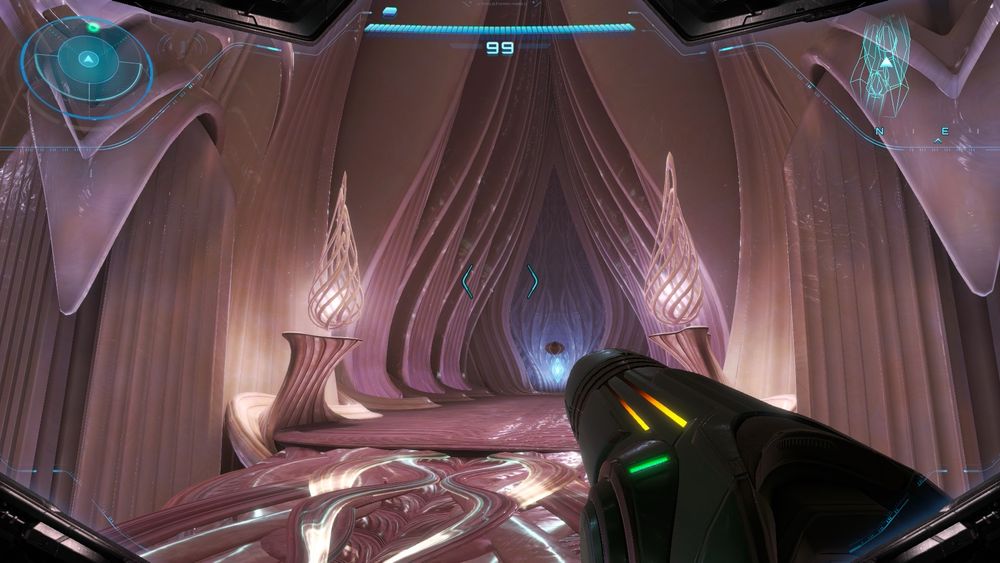 A hallway in Metroid Prime 4 that is softly pink and flared at the bottom while coming to a point at the ceiling 