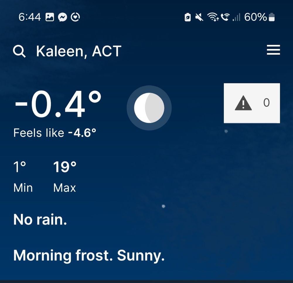 A snapshot of the Bureau of Meteorology weather app. It's 6:44 am in Canberra, the temperature is - 0.4 degrees but feels like - 4.6 degrees