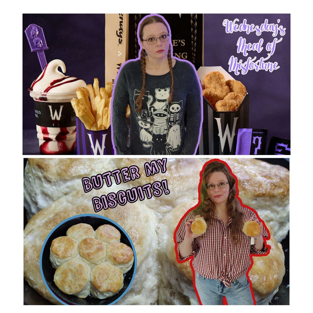 2 YouTube thumbnails. One is me as Wednesday Addams, the other me as Dolly Parton. 