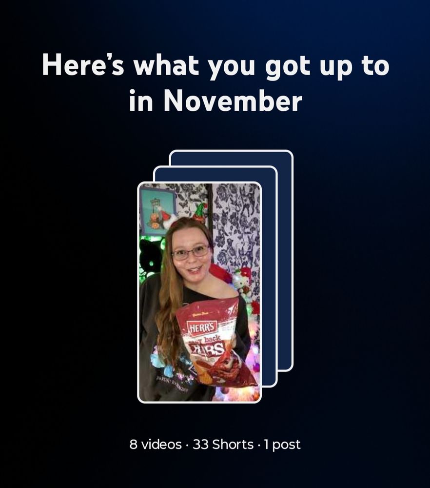 A picture of my YouTube analytics recap for November. 8 videos, 33 shorts, 1 post 