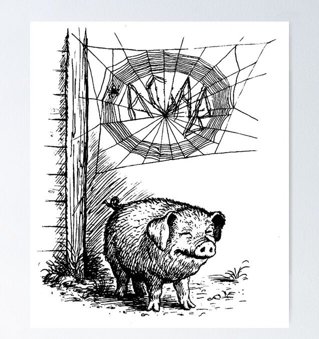 A drawing from Charlotte's web of Wilbur under a web that has the letters A C A B spelled out. Design by Nap Time Designs on Redbubble 